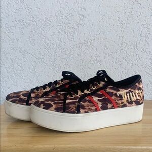 Juicy Couture cheetah print with red stripes lace up high sole casual sneakers